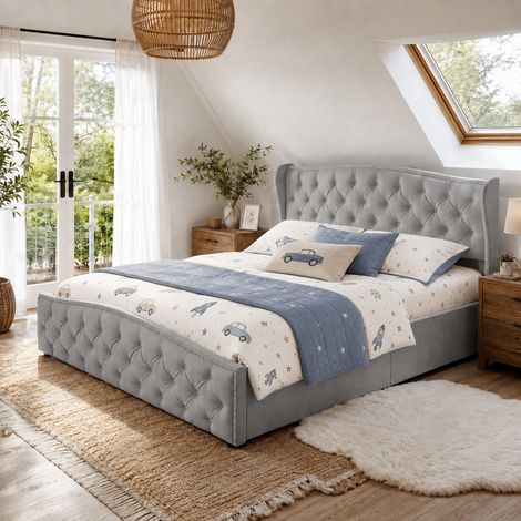 Lit coffre double adulte 160x200 cm avec tête de lit rivetée, rangement hydraulique, velours gris capitonné (1/5)