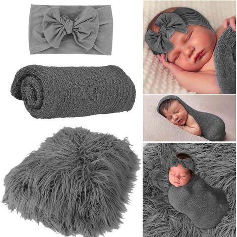 Lot de 3 accessoires photo nouveau-né gris, lange multifonction tapis pose bébé avec bandeau, décoration séance shooting (1/5)