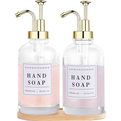Distributeur de savon 2 pièces, ensemble de distributeur de savon pour vaisselle et mains en verre pour cuisine et salle de bain, ensemble de distributeur de savon pour les mains et de lotion'Doré'Dor