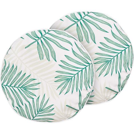 Conjunto de 2 cojines de jardín almohada de exterior ⌀ 40 cm poliéster motivo hojas palmera beige y verde Poggio