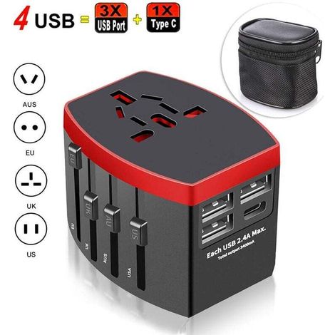 Universal-Reiseadapter, internationaler Universalstecker mit 4 USB-Anschlüssen, 4-in-1-USB-Ladegerät für USA, Großbritannien, Australien, Japan, Italien und China, weltweit einsetzbar in 224 Ländern u