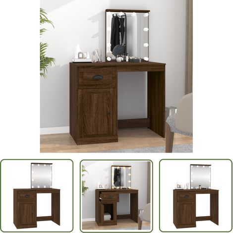The Living Store Schminktisch mit LEDs Braun Eiche 90x50x132,5 cm Holzwerkstoff - Schminktisch - Kosmetiktisch - Frisiertisch - Holzwerkstoff - Eichenoptik (1/5)
