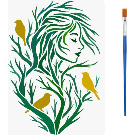 Pochoirs Motif Arbre Humain avec un Pinceau 29.7x21cm Pochoirs Peinture Oiseau Pochoir Femme Branche Thèmes Humain PET Modèle PET pour Bois Carrelage Mur Tissu Meuble DIY (1/5)