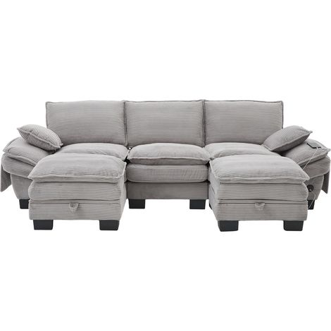 Canapé modulable 3 places en velours côtelé gris clair avec 2 poufs, design ergonomique et chargeur USB-C (1/5)