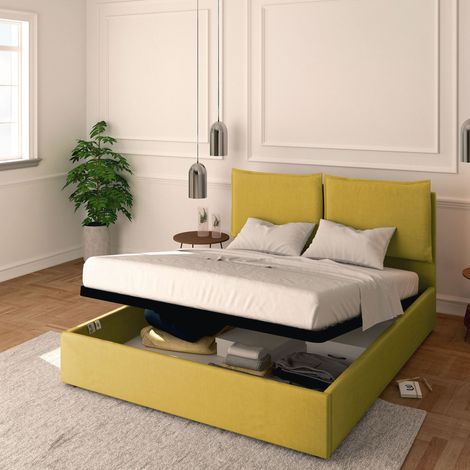 Baldiflex Letto Contenitore Matrimoniale 160x190 Licia in Tessuto con Rete a Doghe colore Giallo senape Melon (1/5)