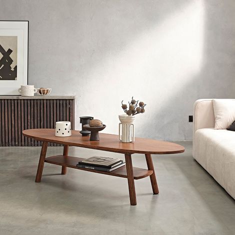 Berah Getah – Table basse fixe en mindi massif finition noyer – Longueur 160 cm – Largeur 50 cm – Hauteur 40 cm – Double plateau vintage (1/5)