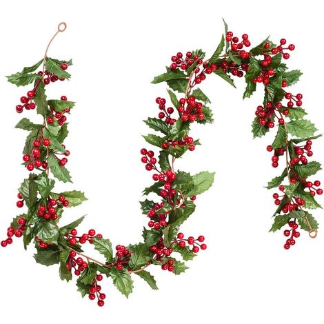 Guirlande décorative de 183 cm avec baies de houx, pommes de pin et feuilles vertes, guirlande de baies rouges artificielles pour les fêtes, cheminée, escalier, décoration de table (1/5)