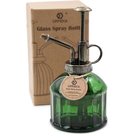 Bouteille en verre d'arrosage en verre vert foncé, brume végétale avec arrosoir en plastique bronze pour fleur, pour arroser de petites plantes à l'intérieur de la maison ou du bureau (1/5)