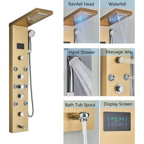 Panneau de douche, affichage numérique, jets de massage corporel, Or 8009 (1/2)