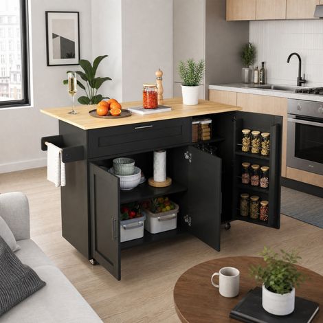 MEUBLIV îlot de cuisine 132,5 x 44(70) x 90 cm noir – plateau escamotable, roulettes (1/5)