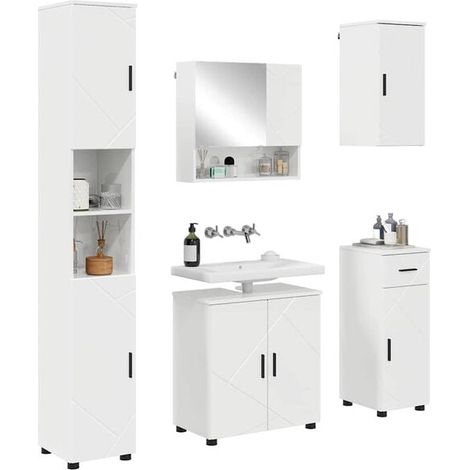 Ensemble Meuble de Salle de Bain 5 Pièces - Blanc Brillant, Rangement Mural Moderne avec Miroir et Étagères, Design Compact pour Petite Salle d'Eau (1/5)
