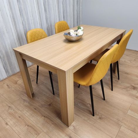 Dining Table and 4 Chairs Oak Effect Table with 4 Mustard Gem Patterned Chairs (1/5)