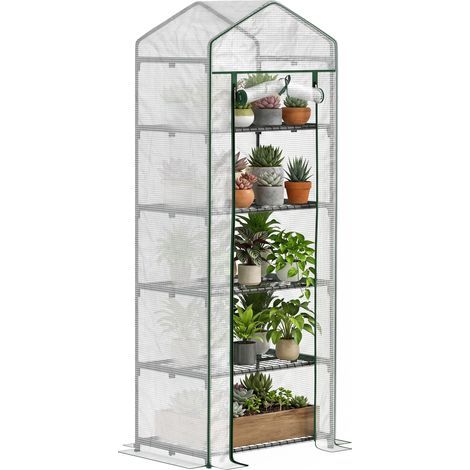Serra da giardino per balcone, scaffale a serra a 5 livelli, 0,69 x 0,49 x 1,93 m, acciaio, telo rimovibile in PE bianco (1/5)