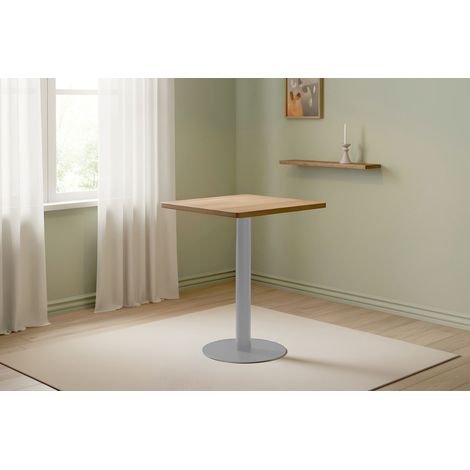 Bistrotisch massiv Akazie naturfarben eckig Runde Kante 60 cm Säulengestell rund silber EMILE