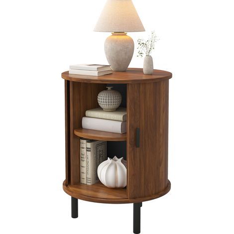 Table basse ronde, buffet de forme ronde, 1 porte coulissante avec rainures verticales, poignées noires, pieds métalliques noirs, 1 étagère intermédiaire, 2 niveaux de rangement (1/5)