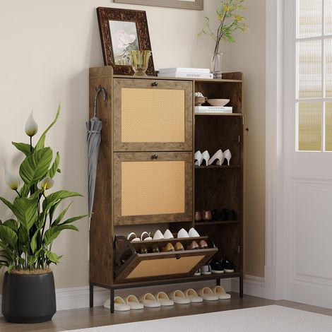 Armoire à Chaussures Rotin - 3 rabats - étagères Réglables - Poignée Métallique - Vintage - Meuble étroit - Entrée - Couloir (1/5)
