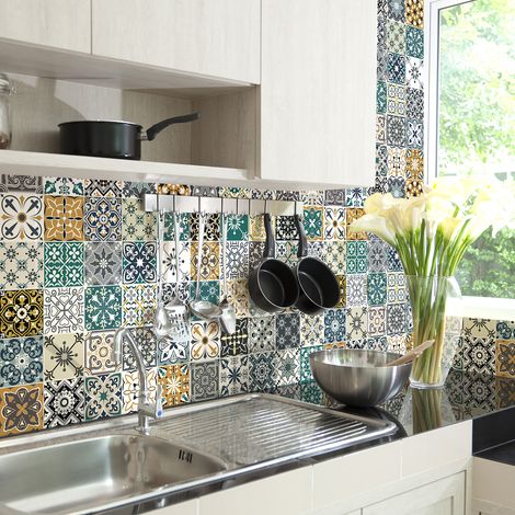 Sticker Mural Carrelage adhésif Cuisine Salle de Bain - 60 STICKERS CARREAUX DE CIMENT JULIONIO - 60stickers20x20cm (1/5)