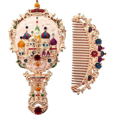 Miroir de poche pliant vintage avec peigne sculpté, miroir de maquillage de voyage portable avec long manche, miroir de table décoratif pour femmes. (1/5)
