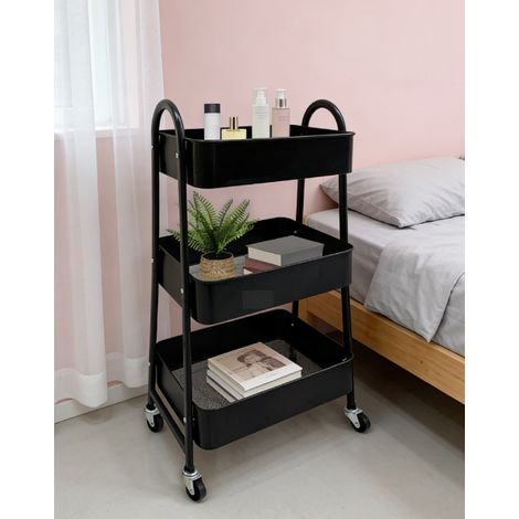 Mueble auxiliar con ruedas 3 baldas acero negro OKMYHOME (1/5)