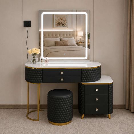 Luxury Dressing Table with LED Mirror Stool & Storage Cabinet 5 Drawers Touch Sensor - Black W130 x D40 x H130 cm (1/4)