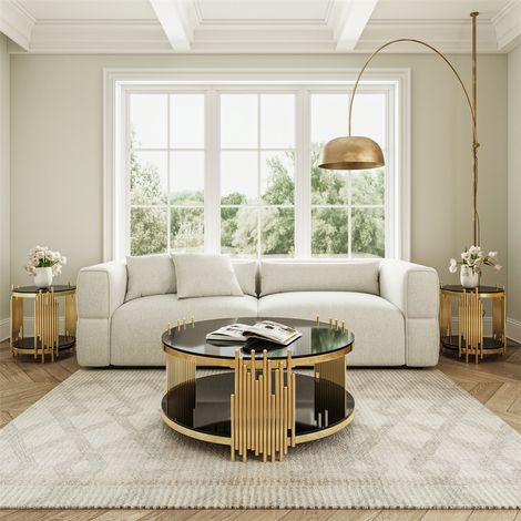Table Basse Ronde en Verre Trempé Noir - 80x80x45 cm - Double Plateau et Structure en Acier Inoxydable Doré - Noir et Or (1/5)