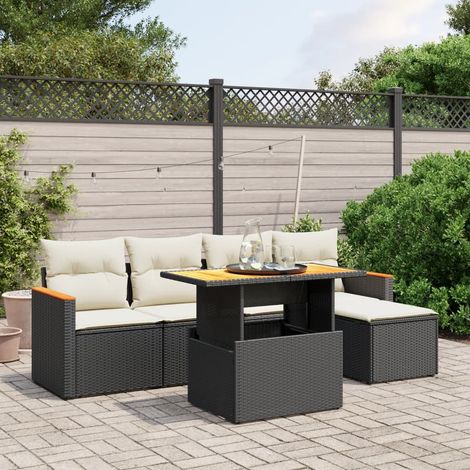 Ensemble jardin 6 places résine tressée noir avec coussins crème - Table extensible acacia - Meuble extérieur modulaire lavable (1/4)