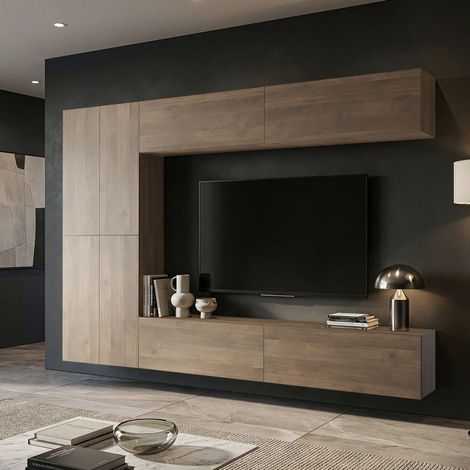 Gatira Wohnwand: Modularer Wohnzimmerschrank, 8 Regale, 8 Türen, Walnussbraun (1/4)