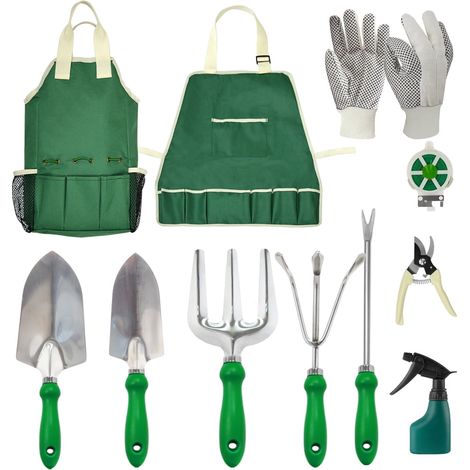 Set di attrezzi da giardinaggio - Set di 11 attrezzi manuali da giardinaggio, comprensivo di borsa per il trasporto regolabile e grembiule, attrezzi da giardinaggio da donna. (1/5)