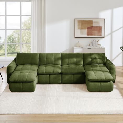 Sofá modular en U 4 plazas 334 x 160 x 68 cm, chenilla verde, sin montaje, 2 otomanas HAVRYA (1/5)