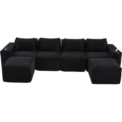 Divano modulare a 4 posti in tessuto a coste nero con 2 pouf, porta bicchieri e tasche laterali (1/5)