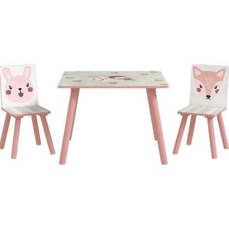 CHICFURN Conjunto infantil mesa y 2 sillas 60x60x44 cm de pino rosa, para dormitorio (1/5)