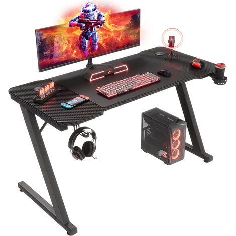 Table PC gaming 120 x 60 cm avec crochet pour casque, bureau gamer et plateau finition fibre de carbone (1/5)