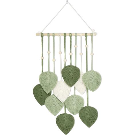 Décoration murale unique en macramé fait main avec perles et feuilles en bois pour chaque pièce (1/3)