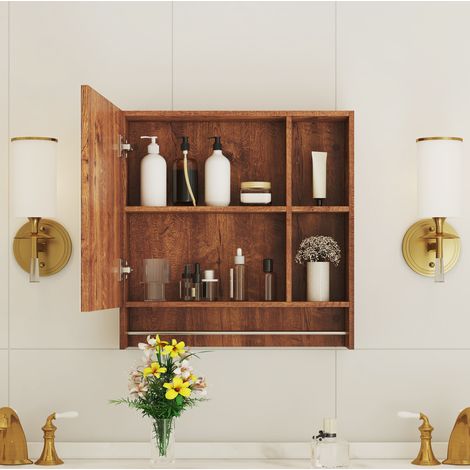 Armoire de salle de bain en MDF couleur noyer avec miroir et étagères ouvertes, montage mural (1/5)