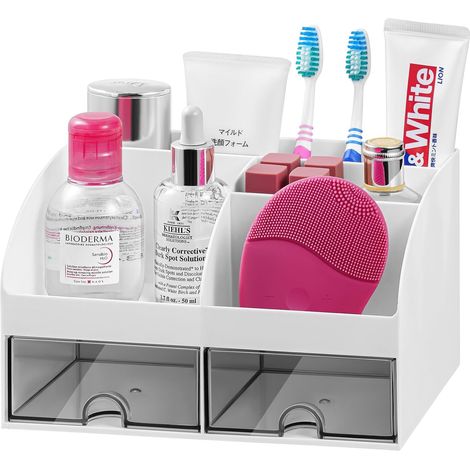 Boîte de rangement - avec 8 supports de dentifrice et tiroir - Plastique - Rangement pour lavabo de salle de bain - Blanc (1/5)