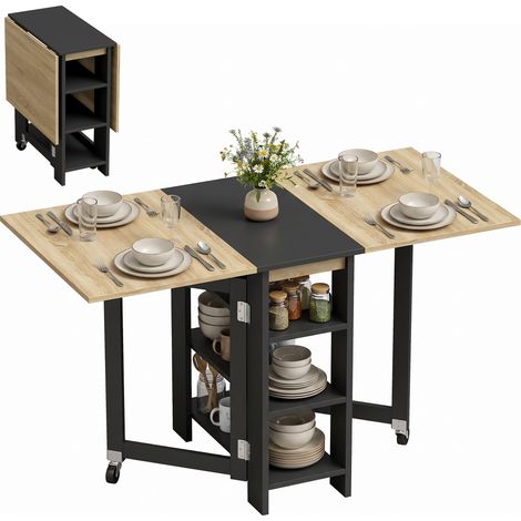 Table à manger pliante - HOMCOM - sur roulettes - 2 à 4 personnes - étagères de rangement - bois - 120 x 60 x 75 cm - chêne et noir (1/5)