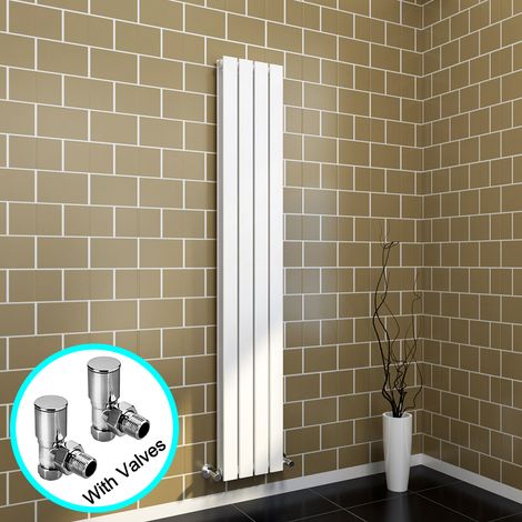 ELEGANT Central Heating Radiator 1800x304mm Vertical White Double Flat Panel + Angled Radiator Valves (1/5)