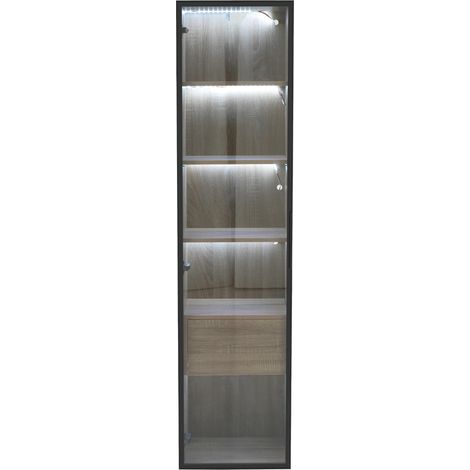 Meuble de salle de bain 40 cm avec tiroir, porte en verre trempé et bande lumineuse (1/5)
