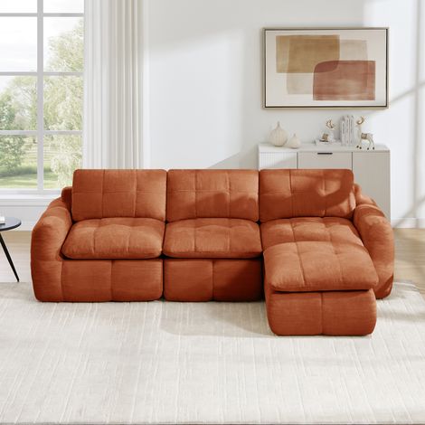 Canapé d'angle modulable en L 3 places avec 1 pouf, sans cadre ni montage, mousse 32D haute densité, revêtement en chenille pour salon, orange (1/5)