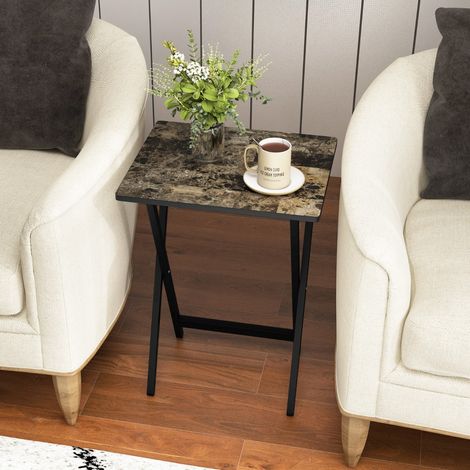 Set de 4 Tables de Jardin Pliantes en Bois Table Basse Extérieur Charge 30KG avec Plateau Imitation Marbre 48 x 40 x 67 cm Noir (1/3)