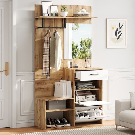 Meuble de rangement d'entrée 100 x 38,5 x 190 cm avec miroir, blanc et bois HAVRYA (1/5)