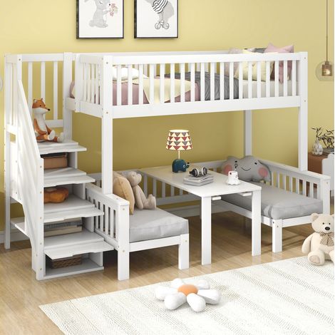 Lit superposé enfant moderne avec table rabattable, escalier de rangement, barrière de sécurité, bois massif+MDF, blanc, 90x200/120x200 cm (1/5)