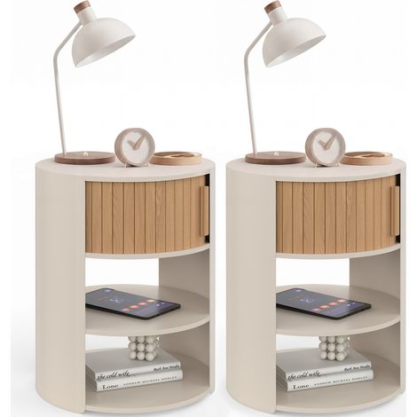 Idmarket – Lot de 2 tables de chevet rondes – 1 tiroir coulissant – Dimensions 40x40x50 cm – Coloris beige et bois – Design contemporain (1/5)