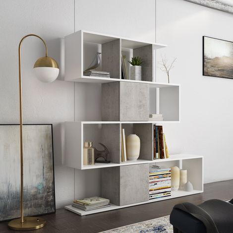 Libreria Budrio, Biblioteca 9 Ripiani, Installazione a Terra, Sfumatura Colore Struttura Cemento, 93x28x142h cm Bianco (1/4)