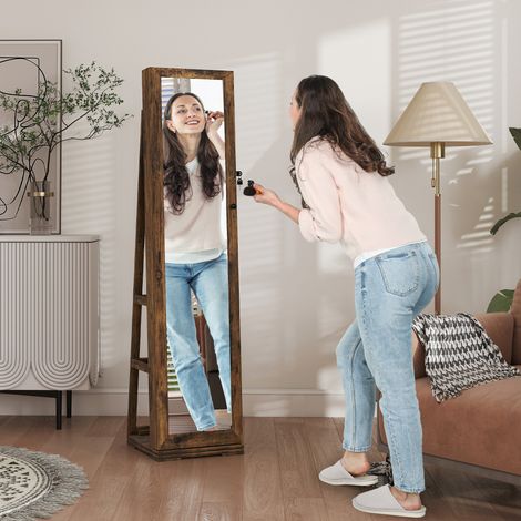 Rangement Armoire à Bijoux pivotante verrouillable boîte à avec Miroir - Multi-Rangement - Brun Rustique