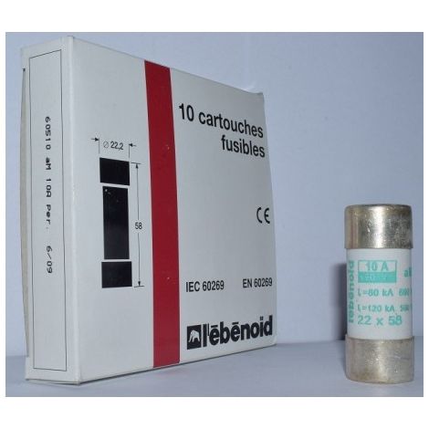 Fusible 10A cartouche 22X58mm aM usage industriel (boite de 10) HPC 80kA 660V avec percuteur EBENOID 060510 (1/2)