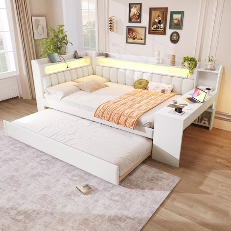 MEUBLIV Letto 140x200 cm bianco – con letto estraibile, scrivania e LED, senza materasso (1/5)