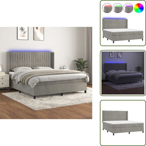 Letto con testiera regolabile - vidaXL Letto a Molle Materasso e LED Grigio Chiaro 160x200 cm Velluto - Materasso in velluto