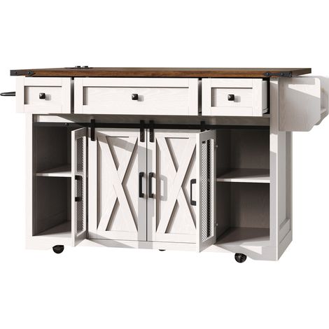 Chariot de cuisine mobile avec plan de travail extensible et prise électrique, hauteur 91 cm, blanc/noir (1/5)