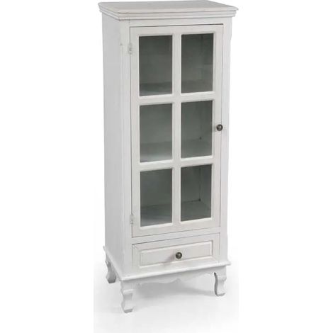 Vetrina Perla blanca anticuada 48x32x120 cm con anta de vidrio y cassetto